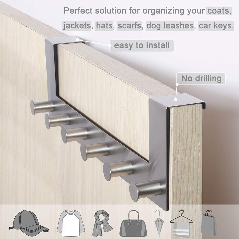 WEBI Over The Door Hook Door Hanger:Over The Door Towel Rack with 6 Peg Hooks for Hanging,Door Coat Hanger Towel Hanger Over Door Coat Rack for Clothes,Back of Bathroom,Silver,2 Packs - Image 4